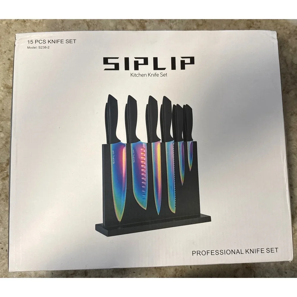 Siplip 15 Piece Kitchen Knife Set Rainbow Titanium Stainless Steel Magnetic Bloc